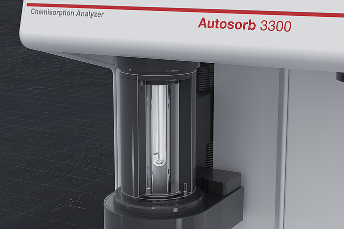 Close-up of the Anton Paar Autosorb 3300 chemisorption analyzer with glass sample tube in the analysis station
