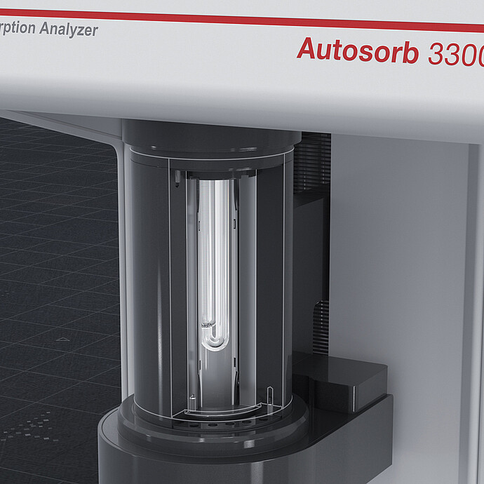 Close-up of the Anton Paar Autosorb 3300 chemisorption analyzer with glass sample tube in the analysis station