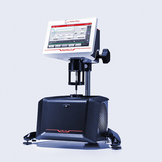 Wide lab view showing a technician preparing a sample at a ViscoQC 300 rotational viscometer with the PTD 175 Peltier temperature device, while another technician works at a ViscoQC 100 viscometer in the background