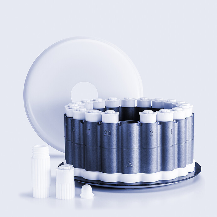Numbered digestion vessel rack with white-capped microwave digestion vessels, translucent lid, and vessel components.