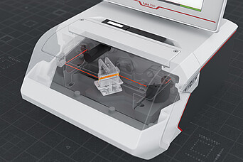 Cutaway illustration of the Anton Paar Lyza 7000 FTIR spectrometer with V-ATR ZnSe cell and red infrared beam path.