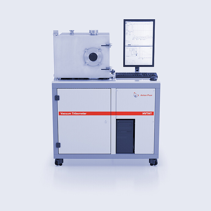 Anton Paar Vacuum Tribometer TRB V / THT V with vacuum chamber, monitor, keyboard, and cabinet on a white background