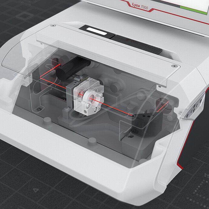 Cutaway illustration of the Anton Paar Lyza 7000 FTIR spectrometer showing the TRA GaF2 cell and red infrared beam path.