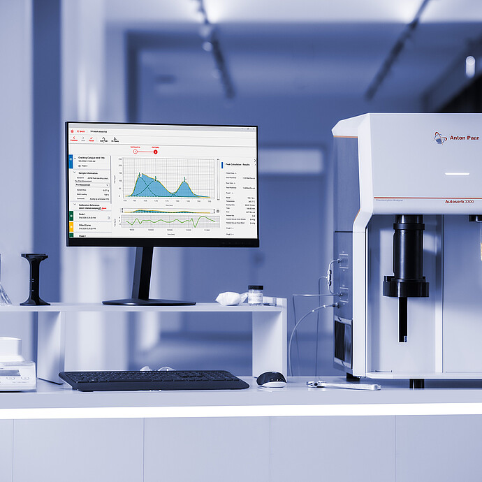 Anton Paar Autosorb 3300 chemisorption analyzer on a lab bench with a monitor showing measurement graphs