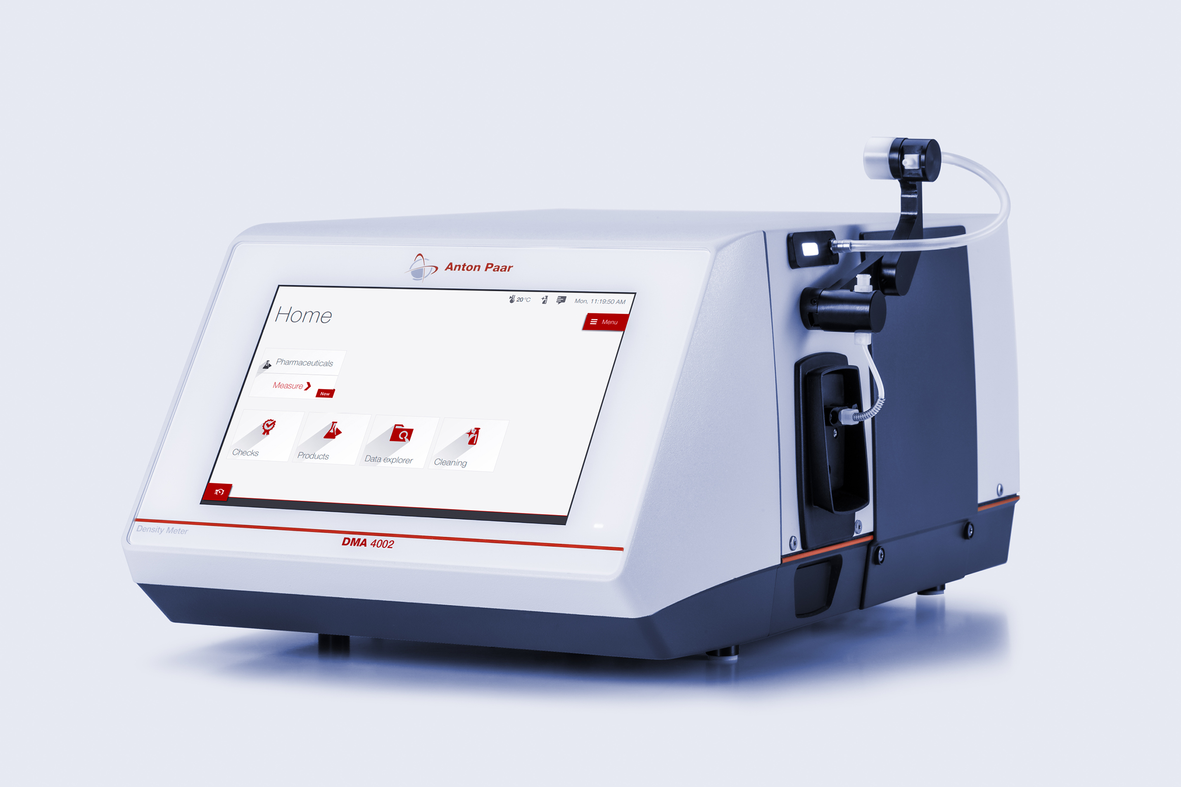 Front view of the Anton Paar DMA 4002 benchtop density meter with touchscreen interface and attached filling module for sample input.