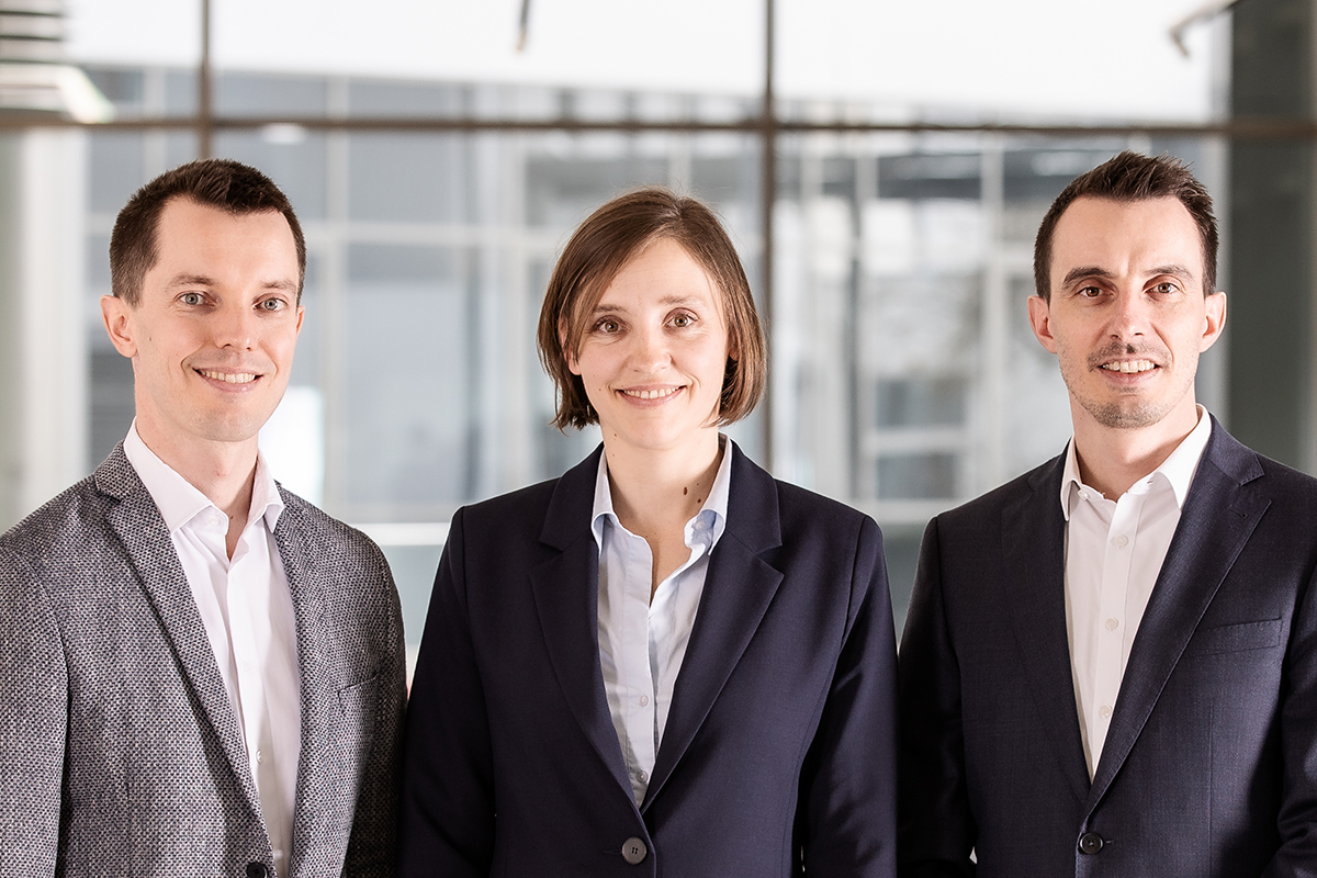 Dominik Santner, Katharina Christopoulos, and Jakob Santner from the Anton Paar GmbH management team in business attire at company headquarters.
