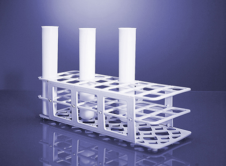 Different racks are available for the adequate storage of the various vessel types and liners of Multiwave PRO as well both vial sizes of Monowave 300. For vessels applicable in the multimode reactors Anton Paar supplies Rack 24, a plastic lattice holding 24 reaction vessels of Rotor 48MF50 as well as 24 of the 30 mL vials of Monowave 300.