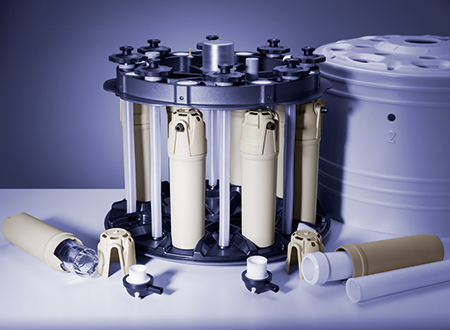 Acid digestion rotor 8NXF100 with screw caps, liner and protective casing.