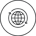Circular icon with globe and surrounding arrows, representing internationally acknowledged and accurate results.