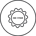 Circular icon with ISO 17025 seal inside a gear-shaped badge, symbolizing accredited calibration expertise.