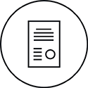 Circular icon with document and stamped seal, representing a globally accepted calibration certificate.