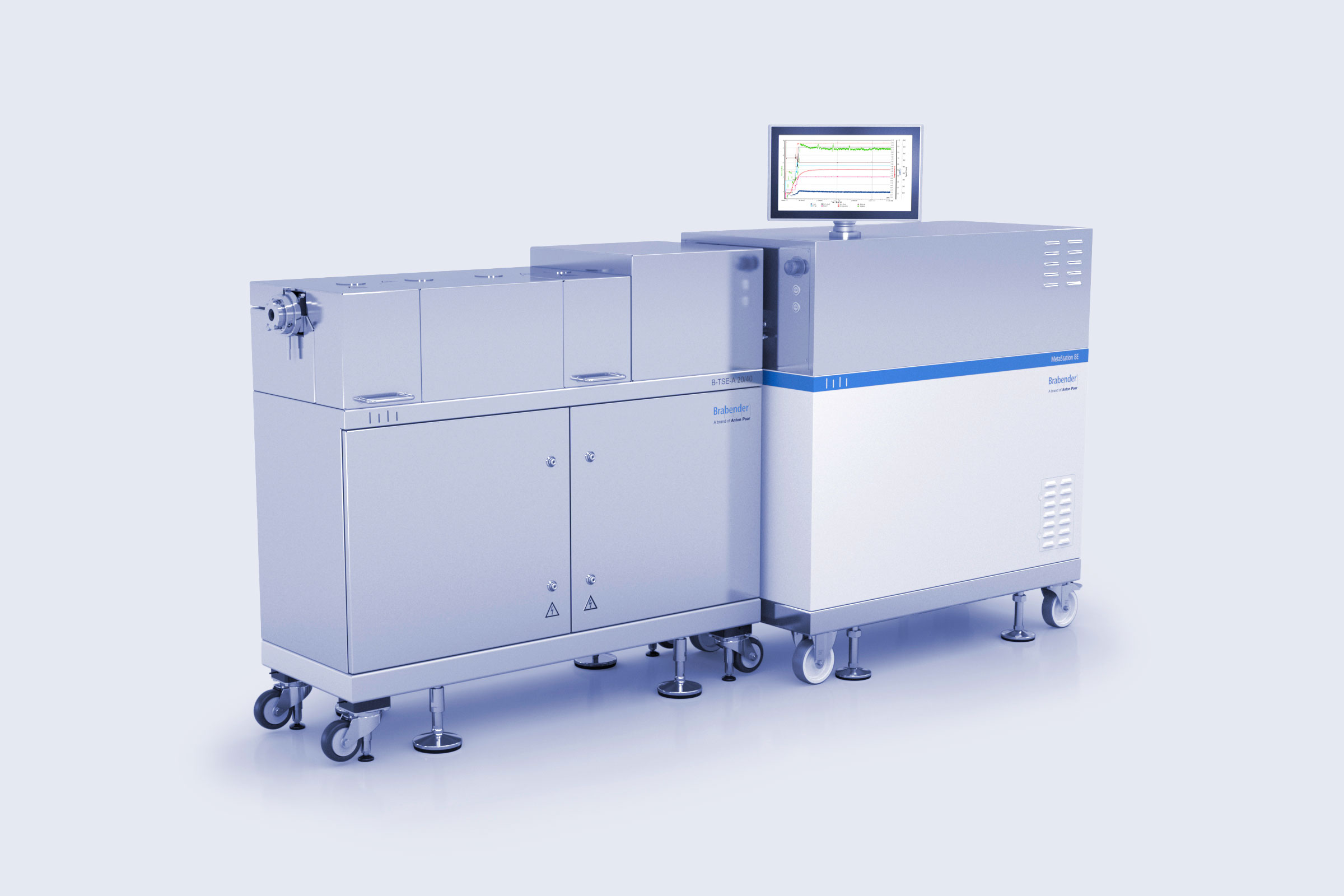 TwinLab Series with Brabender B-TSE-A 20/40 twin-screw extruder and MetaStation 8E, monitor showing test curves.