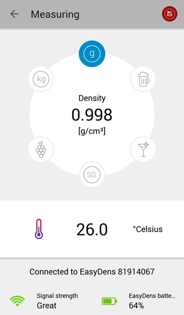 Measuring screen of the EasyDens app