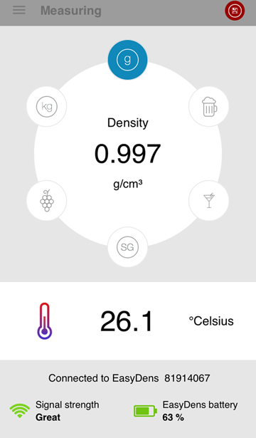 Measuring screen of the EasyDens app