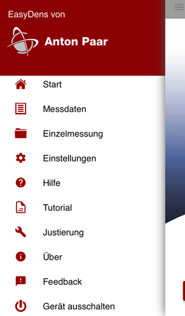 EasyDens-App - Menübildschirm